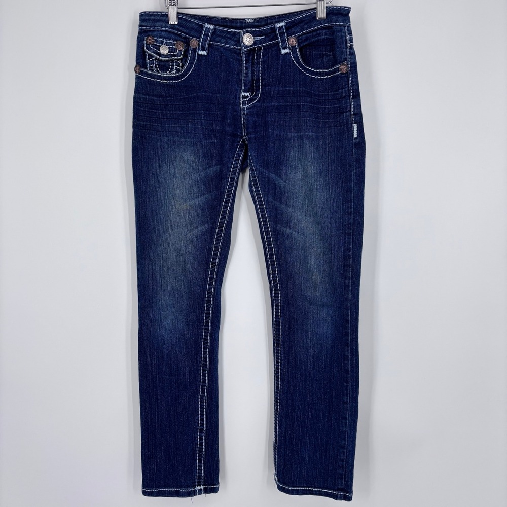 True Religion Joey Straight Leg Jeans Womens 29 Dark Wash Thick Stitch Y2K Flap